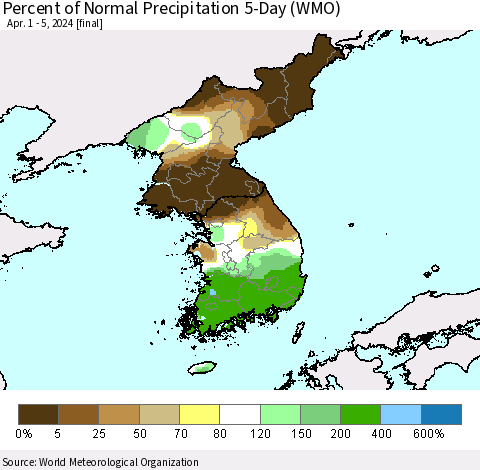 Korea Percent of Normal Precipitation 5-Day (WMO) Thematic Map For 4/1/2024 - 4/5/2024
