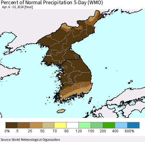 Korea Percent of Normal Precipitation 5-Day (WMO) Thematic Map For 4/6/2024 - 4/10/2024