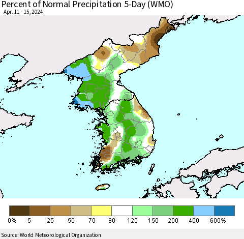Korea Percent of Normal Precipitation 5-Day (WMO) Thematic Map For 4/11/2024 - 4/15/2024