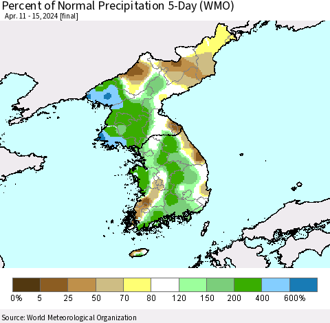 Korea Percent of Normal Precipitation 5-Day (WMO) Thematic Map For 4/11/2024 - 4/15/2024