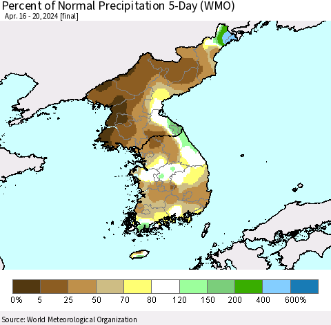 Korea Percent of Normal Precipitation 5-Day (WMO) Thematic Map For 4/16/2024 - 4/20/2024