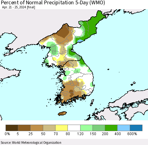 Korea Percent of Normal Precipitation 5-Day (WMO) Thematic Map For 4/21/2024 - 4/25/2024