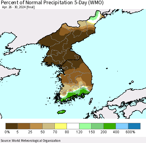 Korea Percent of Normal Precipitation 5-Day (WMO) Thematic Map For 4/26/2024 - 4/30/2024