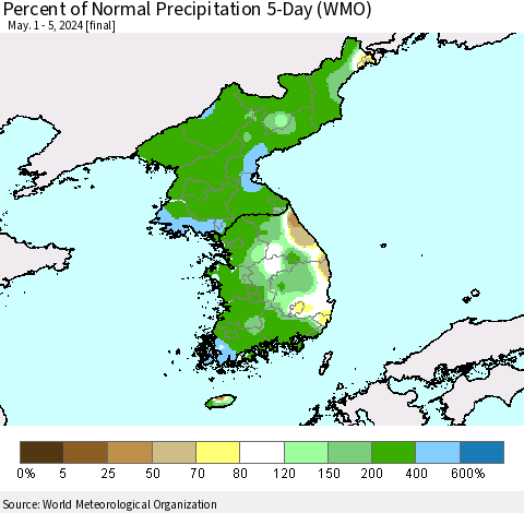 Korea Percent of Normal Precipitation 5-Day (WMO) Thematic Map For 5/1/2024 - 5/5/2024