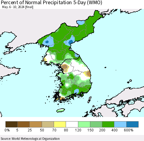 Korea Percent of Normal Precipitation 5-Day (WMO) Thematic Map For 5/6/2024 - 5/10/2024