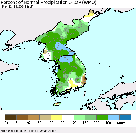 Korea Percent of Normal Precipitation 5-Day (WMO) Thematic Map For 5/11/2024 - 5/15/2024
