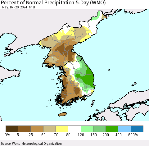 Korea Percent of Normal Precipitation 5-Day (WMO) Thematic Map For 5/16/2024 - 5/20/2024
