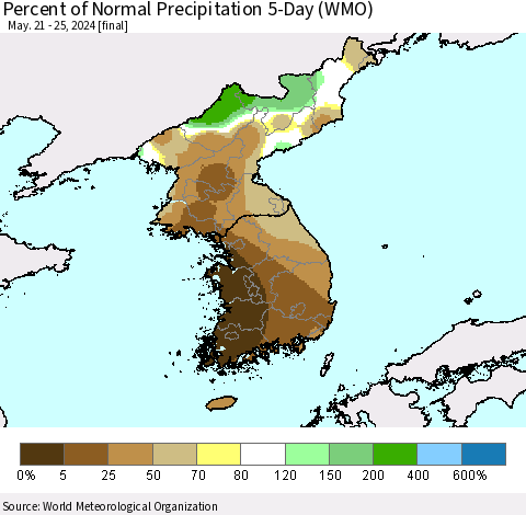 Korea Percent of Normal Precipitation 5-Day (WMO) Thematic Map For 5/21/2024 - 5/25/2024