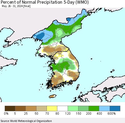 Korea Percent of Normal Precipitation 5-Day (WMO) Thematic Map For 5/26/2024 - 5/31/2024