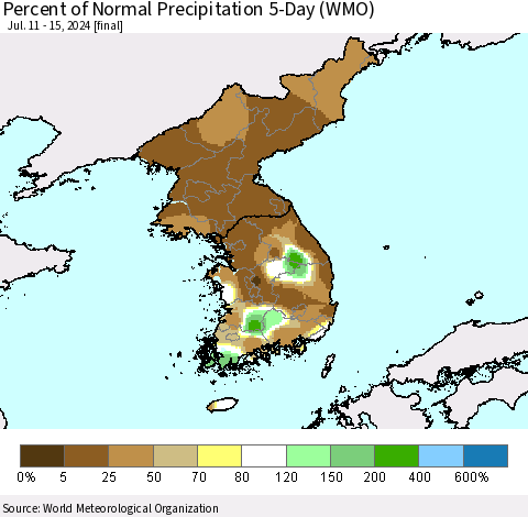 Korea Percent of Normal Precipitation 5-Day (WMO) Thematic Map For 7/11/2024 - 7/15/2024