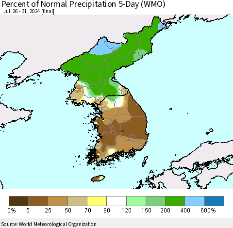 Korea Percent of Normal Precipitation 5-Day (WMO) Thematic Map For 7/26/2024 - 7/31/2024