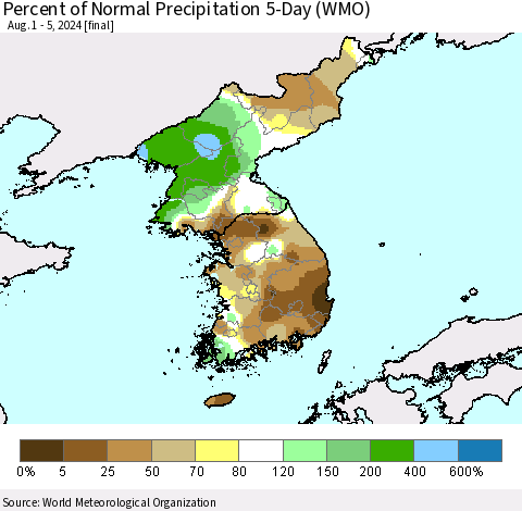 Korea Percent of Normal Precipitation 5-Day (WMO) Thematic Map For 8/1/2024 - 8/5/2024