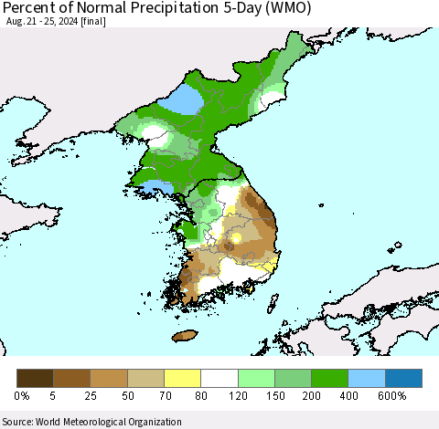 Korea Percent of Normal Precipitation 5-Day (WMO) Thematic Map For 8/21/2024 - 8/25/2024