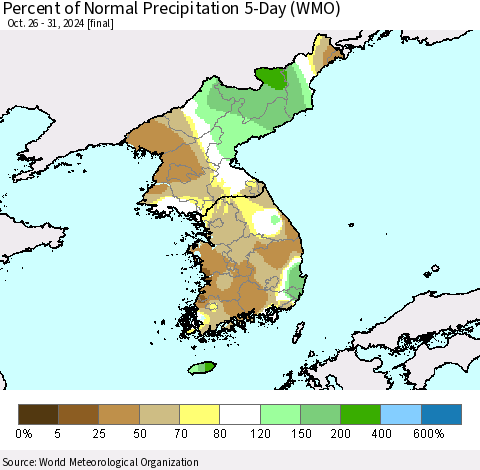 Korea Percent of Normal Precipitation 5-Day (WMO) Thematic Map For 10/26/2024 - 10/31/2024