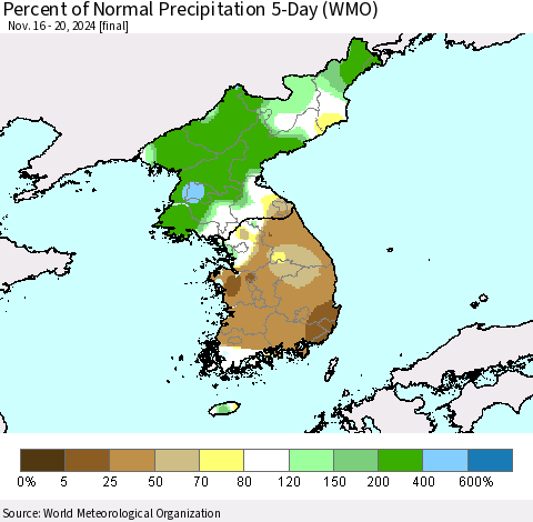 Korea Percent of Normal Precipitation 5-Day (WMO) Thematic Map For 11/16/2024 - 11/20/2024