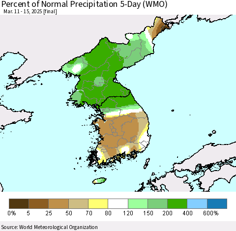 Korea Percent of Normal Precipitation 5-Day (WMO) Thematic Map For 3/11/2025 - 3/15/2025