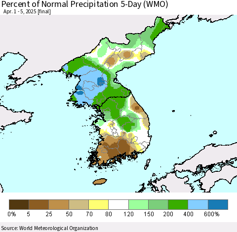 Korea Percent of Normal Precipitation 5-Day (WMO) Thematic Map For 4/1/2025 - 4/5/2025