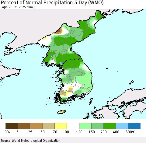 Korea Percent of Normal Precipitation 5-Day (WMO) Thematic Map For 4/21/2025 - 4/25/2025