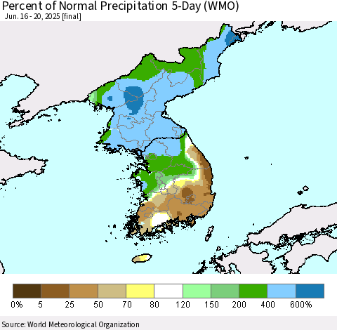 Korea Percent of Normal Precipitation 5-Day (WMO) Thematic Map For 6/16/2025 - 6/20/2025