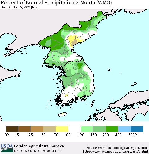 Korea Percent of Normal Precipitation 2-Month (WMO) Thematic Map For 11/6/2019 - 1/5/2020