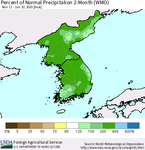 Korea Percent of Normal Precipitation 2-Month (WMO) Thematic Map For 11/11/2019 - 1/10/2020