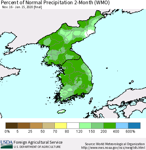 Korea Percent of Normal Precipitation 2-Month (WMO) Thematic Map For 11/16/2019 - 1/15/2020