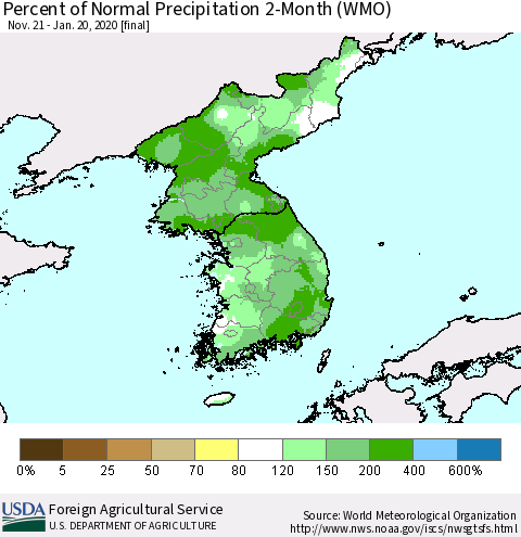 Korea Percent of Normal Precipitation 2-Month (WMO) Thematic Map For 11/21/2019 - 1/20/2020