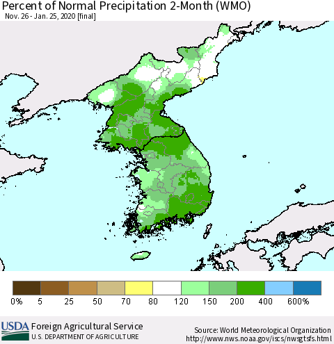 Korea Percent of Normal Precipitation 2-Month (WMO) Thematic Map For 11/26/2019 - 1/25/2020