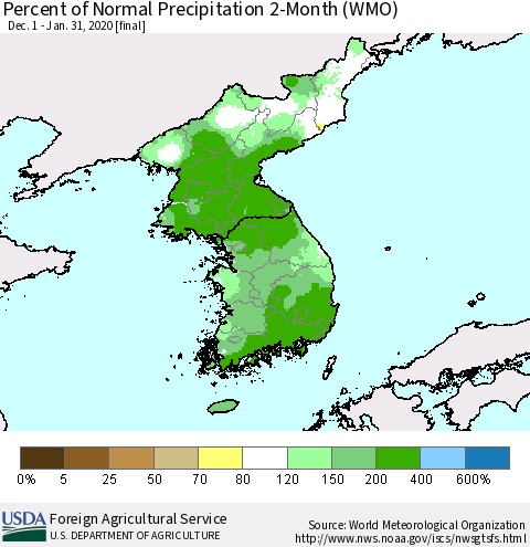 Korea Percent of Normal Precipitation 2-Month (WMO) Thematic Map For 12/1/2019 - 1/31/2020