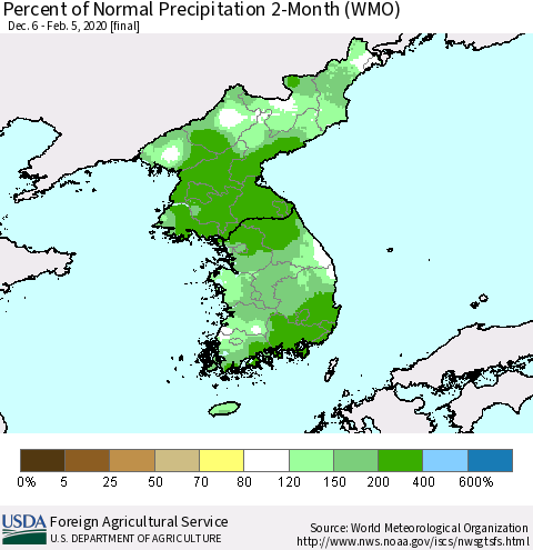 Korea Percent of Normal Precipitation 2-Month (WMO) Thematic Map For 12/6/2019 - 2/5/2020