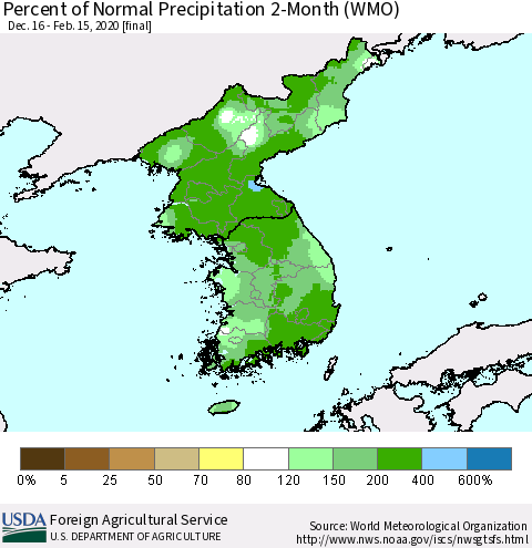 Korea Percent of Normal Precipitation 2-Month (WMO) Thematic Map For 12/16/2019 - 2/15/2020