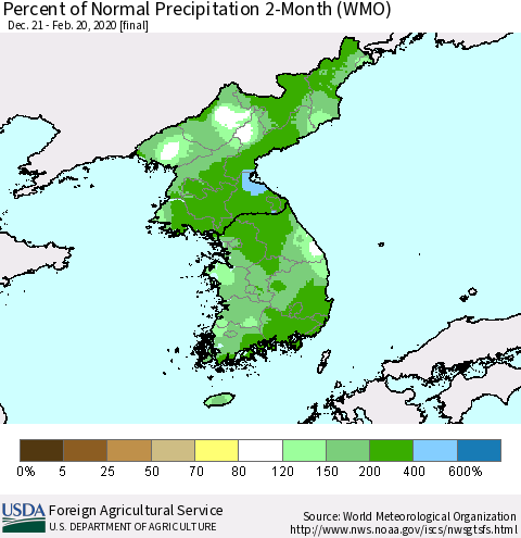 Korea Percent of Normal Precipitation 2-Month (WMO) Thematic Map For 12/21/2019 - 2/20/2020
