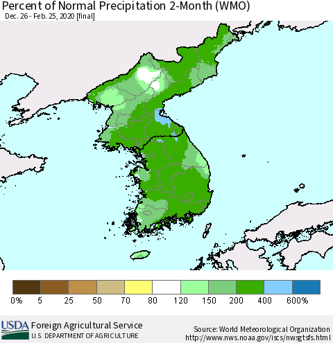 Korea Percent of Normal Precipitation 2-Month (WMO) Thematic Map For 12/26/2019 - 2/25/2020