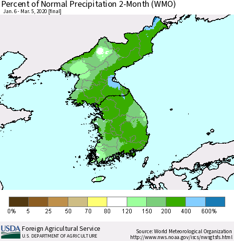 Korea Percent of Normal Precipitation 2-Month (WMO) Thematic Map For 1/6/2020 - 3/5/2020