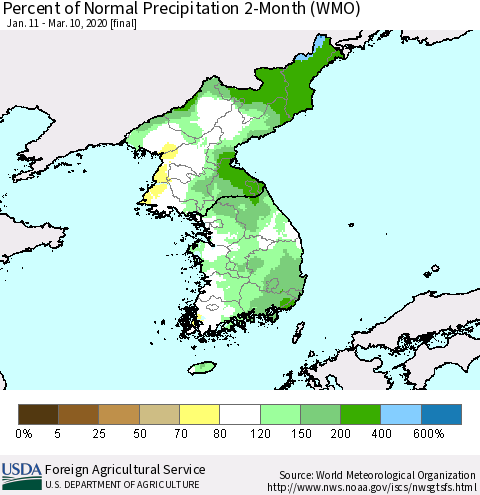 Korea Percent of Normal Precipitation 2-Month (WMO) Thematic Map For 1/11/2020 - 3/10/2020