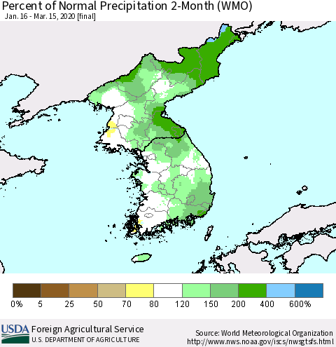 Korea Percent of Normal Precipitation 2-Month (WMO) Thematic Map For 1/16/2020 - 3/15/2020