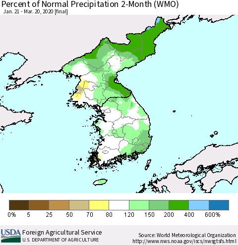 Korea Percent of Normal Precipitation 2-Month (WMO) Thematic Map For 1/21/2020 - 3/20/2020