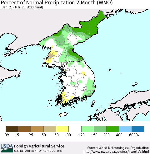 Korea Percent of Normal Precipitation 2-Month (WMO) Thematic Map For 1/26/2020 - 3/25/2020