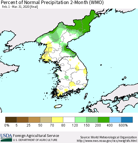 Korea Percent of Normal Precipitation 2-Month (WMO) Thematic Map For 2/1/2020 - 3/31/2020