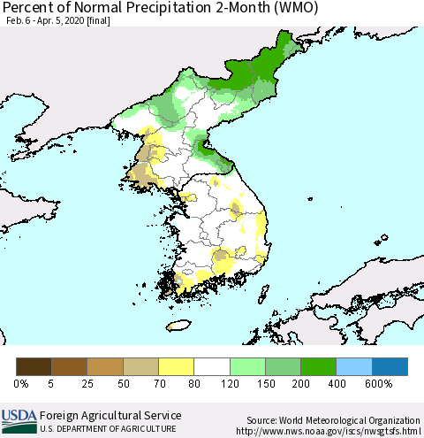 Korea Percent of Normal Precipitation 2-Month (WMO) Thematic Map For 2/6/2020 - 4/5/2020