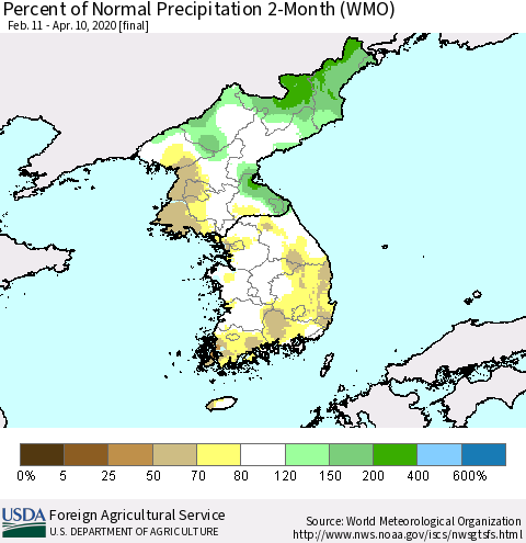 Korea Percent of Normal Precipitation 2-Month (WMO) Thematic Map For 2/11/2020 - 4/10/2020
