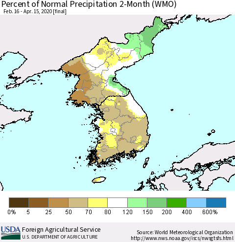Korea Percent of Normal Precipitation 2-Month (WMO) Thematic Map For 2/16/2020 - 4/15/2020