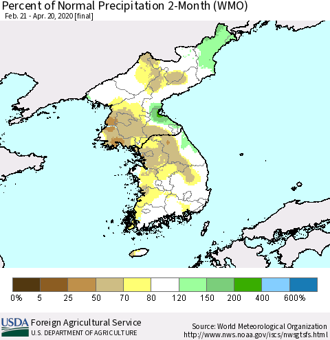Korea Percent of Normal Precipitation 2-Month (WMO) Thematic Map For 2/21/2020 - 4/20/2020