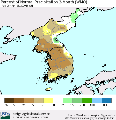 Korea Percent of Normal Precipitation 2-Month (WMO) Thematic Map For 2/26/2020 - 4/25/2020