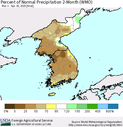 Korea Percent of Normal Precipitation 2-Month (WMO) Thematic Map For 3/1/2020 - 4/30/2020