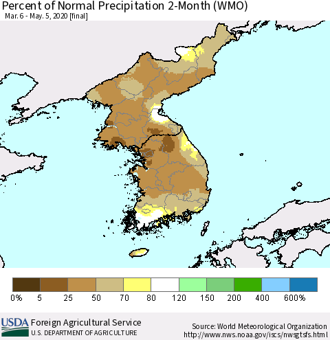 Korea Percent of Normal Precipitation 2-Month (WMO) Thematic Map For 3/6/2020 - 5/5/2020