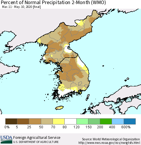 Korea Percent of Normal Precipitation 2-Month (WMO) Thematic Map For 3/11/2020 - 5/10/2020