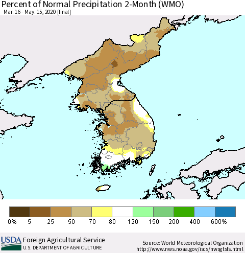 Korea Percent of Normal Precipitation 2-Month (WMO) Thematic Map For 3/16/2020 - 5/15/2020