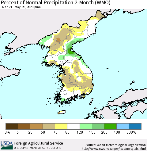 Korea Percent of Normal Precipitation 2-Month (WMO) Thematic Map For 3/21/2020 - 5/20/2020