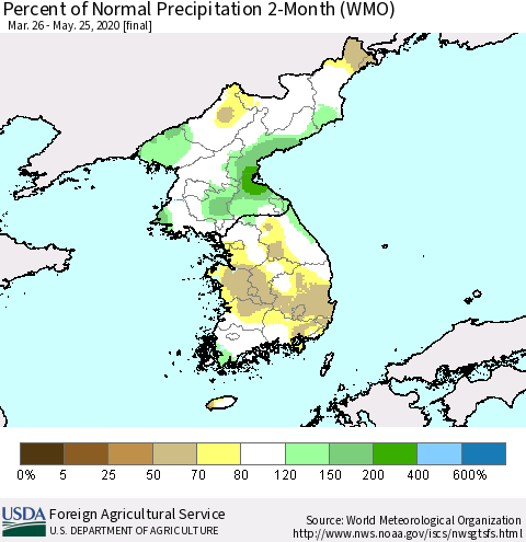 Korea Percent of Normal Precipitation 2-Month (WMO) Thematic Map For 3/26/2020 - 5/25/2020